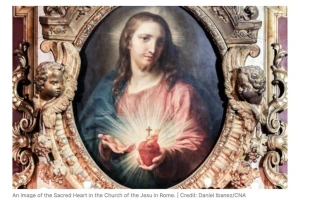 Painting of the Sacred Heart found in Rome’s Church of the Gesù, the mother church of the Society of Jesus, more commonly known as the Jesuits. On Oct. 24, 2024, Pope Francis released a new encyclical, “Dilexit Nos” (“He Loved Us”), in which he calls on Catholics to rediscover the love and compassion found in the heart of Jesus Christ. Credit: Credit: Daniel Ibañez/CNA