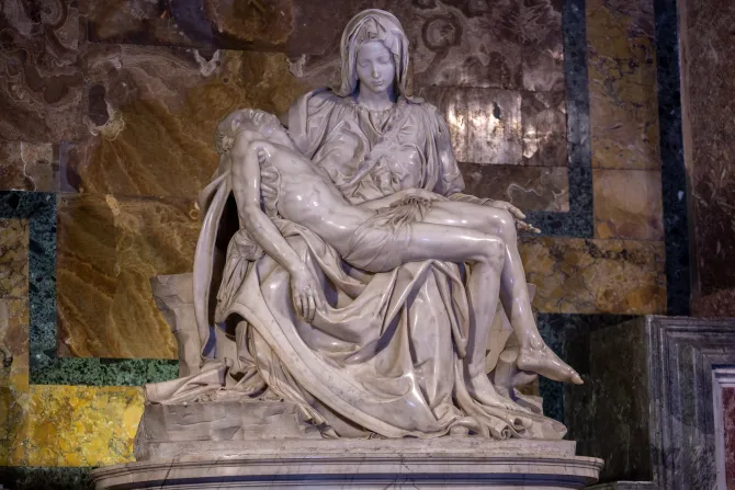 Michelangelo's Pieta conveys the faith and emotion of the Blessed Virgin Mary as she cradles in her arms the dead body of her only son after witnessing him crucified.