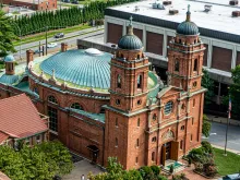 The exterior of the Basilica of St. Lawrence in Asheville, North Carolina.