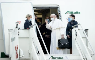 Pope Francis boards the papal plane before a visit to Iraq March 5, 2021. Daniel Ibanez/CNA