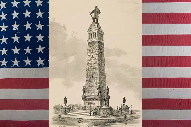 An 1889 rendition by architects Bullard & Bullard of the National Emancipation Monument proposed for Springfield, Illinois (Library of Congress), superimposed on a 34-star U.S. flag dating to the Civil War.