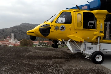 A Ventura County Fire Department Firehawk on the helispot recently installed on the campus of Thomas Aquinas College, outside Santa Paula, Calif.