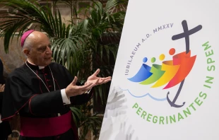 Archbishop Rino Fisichella, pro-prefect of the Dicastery for Evangelization, presents the logo for the 2025 Jubilee Year, June 28, 2022. Daniel Ibanez/CNA