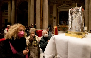 The faithful venerate a relic of Blessed Rosario Livatino at the Church of San Salvatore in Lauro, Italy, Jan. 20, 2023. Daniel Ibañez/CNA