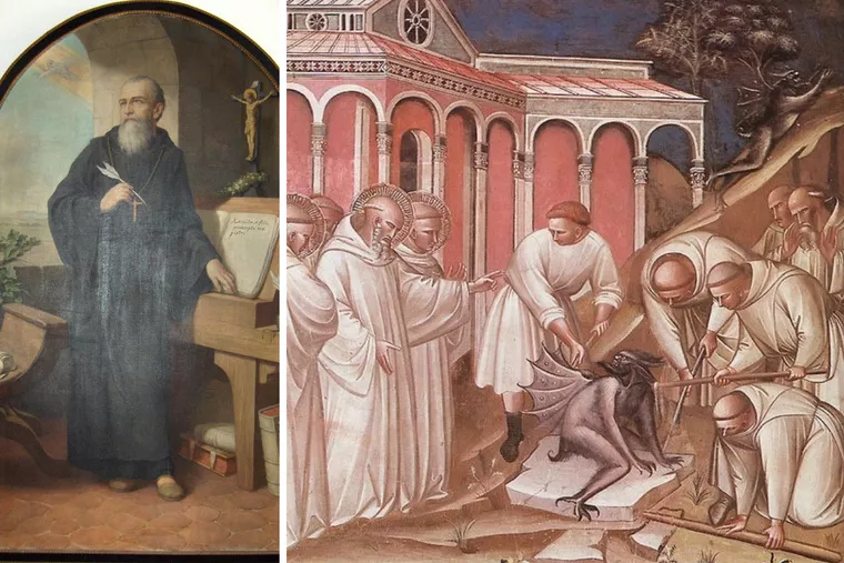 Portrait of St. Benedict (1926) by Herman Nieg (1849–1928); Heiligenkreuz Abbey, Austria; “Exorcism of St. Benedict,” by Spinello Aretino, late 14th century.