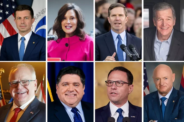 First row (L-R) Secretary Pete Buttigieg, Michigan Gov. Gretchen Whitmer, Kentucky Gov. Andy Beshear, and Gov. Roy Cooper of North Carolina. Bottom row (L-R) Minnesota Gov. Tim Walz, Illinois Gov. J.B. Pritzker, Pennsylvania Gov. Josh Shapiro, and Sen. Mark Kelly, D-Arizona.?w=200&h=150