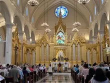Hundreds of faithful filled the Shrine of the Most Blessed Sacrament, site of Mother Angelica's tomb, beyond capacity as the National Eucharistic Pilgrimage St. Juan Diego Route passed through on June 20, 2024.