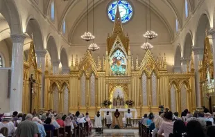 Hundreds of faithful filled the Shrine of the Most Blessed Sacrament, site of Mother Angelica's tomb, beyond capacity as the National Eucharistic Pilgrimage St. Juan Diego Route passed through on June 20, 2024. Credit: EWTN