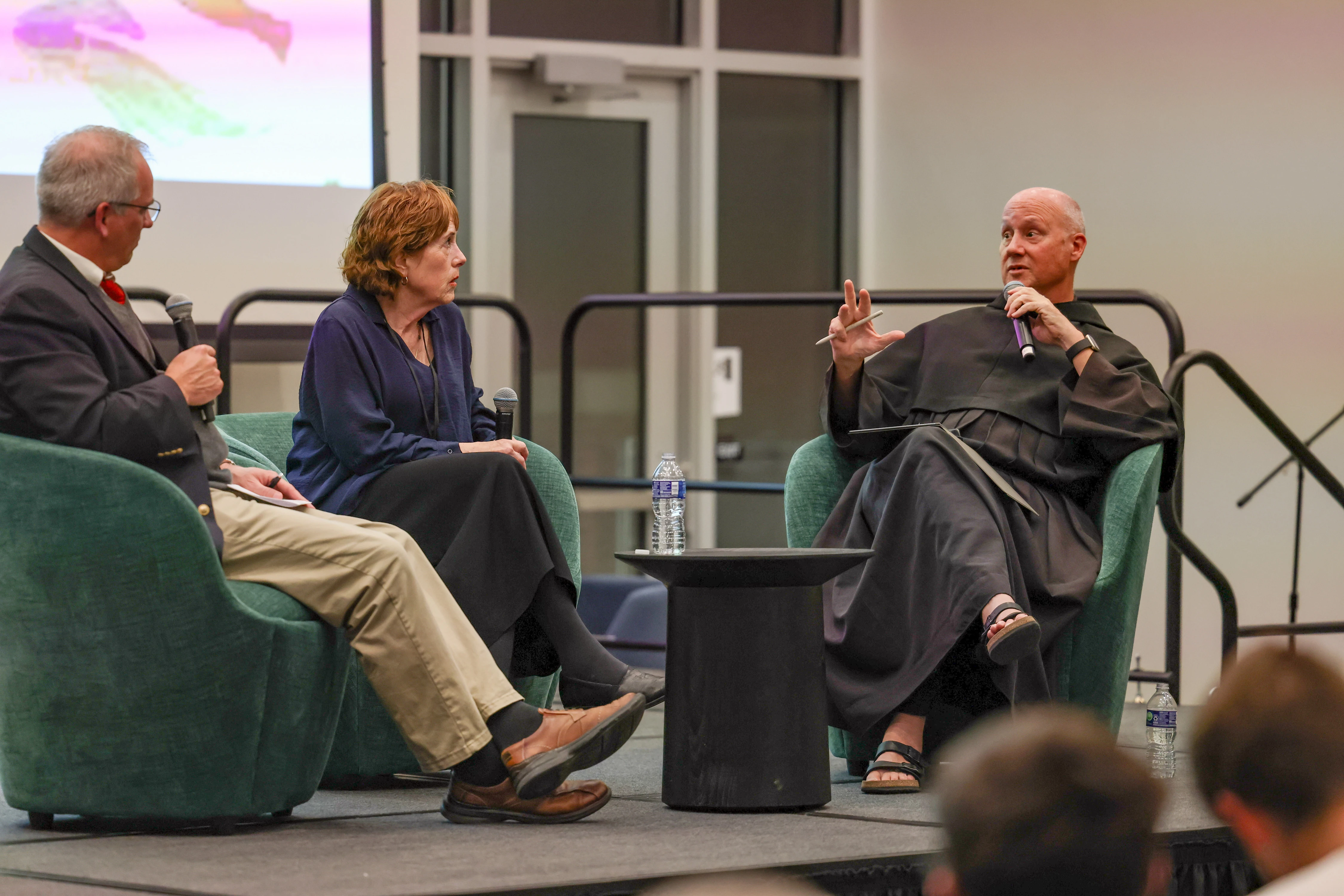 Stephen Hildebrand, vice president for academic affairs at Franciscan University (left); Deborah Savage, professor of theology at Franciscan University (center); and Father Dave Pivonka, TOR, president of Franciscan University (right), at a panel discussion at the Oct. 24-26, 2024, “Man and Woman in the Order of Creation Conference.”?w=200&h=150