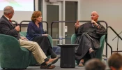 Stephen Hildebrand, vice president for academic affairs at Franciscan University (left); Deborah Savage, professor of theology at Franciscan University (center); and Father Dave Pivonka, TOR, president of Franciscan University (right), at a panel discussion at the Oct. 24-26, 2024, “Man and Woman in the Order of Creation Conference,” in Washington, D.C.