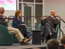 Stephen Hildebrand, vice president for academic affairs at Franciscan University (left); Deborah Savage, professor of theology at Franciscan University (center); and Father Dave Pivonka, TOR, president of Franciscan University (right), at a panel discussion at the Oct. 24-26, 2024, “Man and Woman in the Order of Creation Conference.”