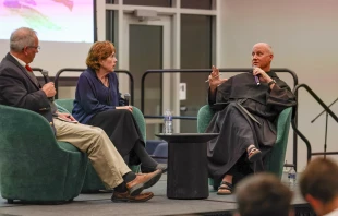 Stephen Hildebrand, vice president for academic affairs at Franciscan University (left); Deborah Savage, professor of theology at Franciscan University (center); and Father Dave Pivonka, TOR, president of Franciscan University (right), at a panel discussion at the Oct. 24-26, 2024, “Man and Woman in the Order of Creation Conference.” Credit: Franciscan University of Steubenville