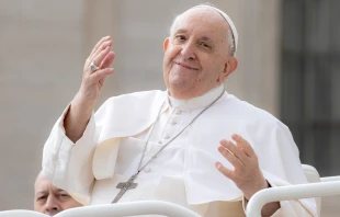 Pope Francis greets pilgrims from the popemobile in St. Peter’s Square on March 8, 2023. Daniel Ibáñez/CNA