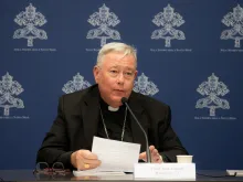 Cardinal Jean-Claude Hollerich, relator general of Synod on Synodality, speaks to the media on June 20, 2023, at the temporary headquarters of the Holy See Press Office in Vatican City.