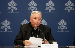 Cardinal Jean-Claude Hollerich, relator general of Synod on Synodality, speaks to the media on June 20, 2023, at the temporary headquarters of the Holy See Press Office in Vatican City. Credit: Daniel Ibáñez/CNA