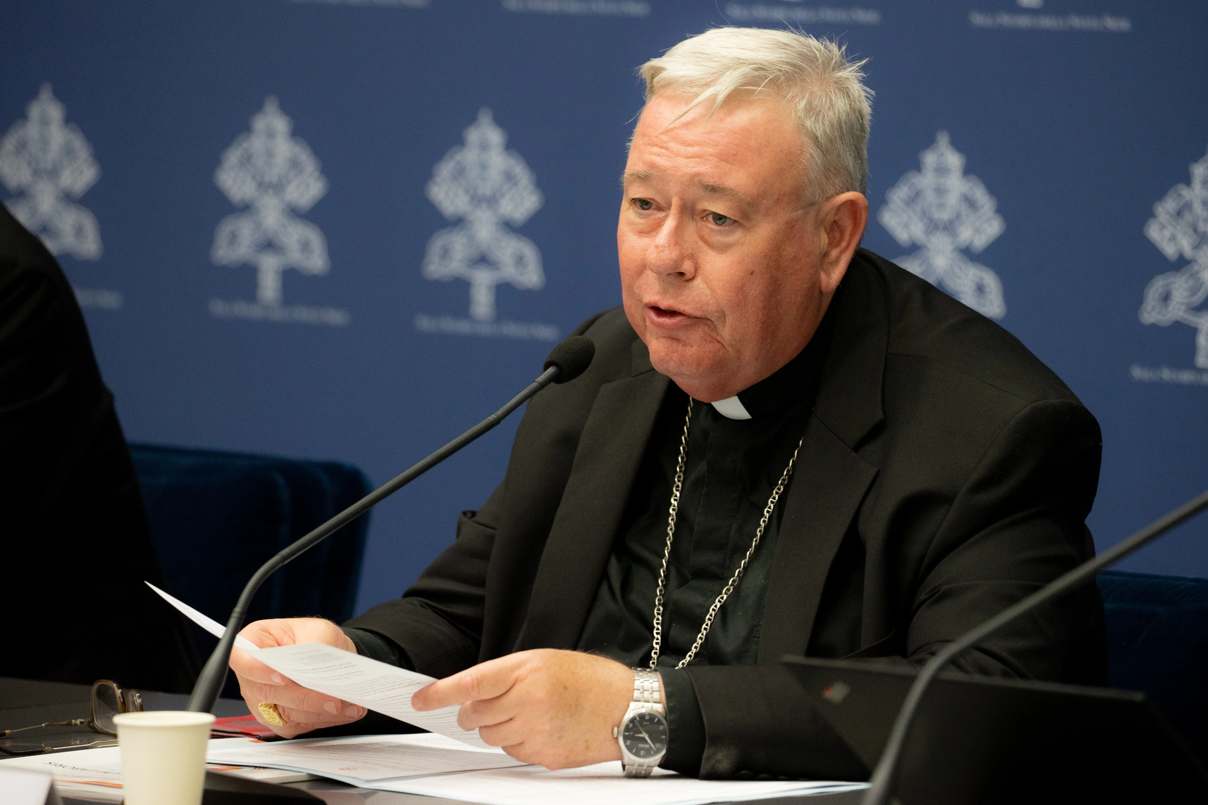 Cardinal Jean-Claude Hollerich, relator general of Synod on Synodality, speaks to the media on June 20, 2023, at the temporary headquarters of the Holy See Press Office in Vatican City.?w=200&h=150