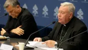 Cardinal Jean-Claude Hollerich (right), relator general of Synod on Synodality, speaks to the media on June 20, 2023, at the temporary headquarters of the Holy See Press Office in Vatican City. Beside him is Cardinal Mario Grech, the secretary general for the Synod of Bishops.