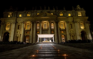 There was a candlelit path to the altar holding the Eucharist during adoration in St. Peter's Square on March 14, 2023. Daniel Ibanez/CNA