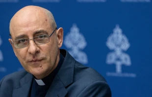 Cardinal Victor Manuel Fernández, prefect of the Dicastery for the Doctrine of the Faith, speaks during a press conference about a new Vatican document on human dignity on April 8, 2024. Credit: Daniel Ibañez/CNA