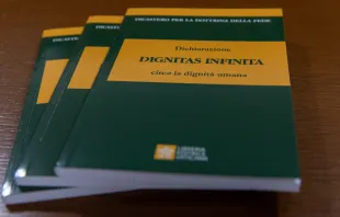 Copies of the Vatican document Dignitas Infinita which was published on April 8, 2024. Credit: Daniel Ibañez/CNA