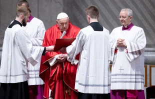 Pope Francis celebrates the Passion of the Lord on Good Friday in St. Peter's Basilica in Rome. March 29, 2024. Credit: Daniel Ibañez/CNA