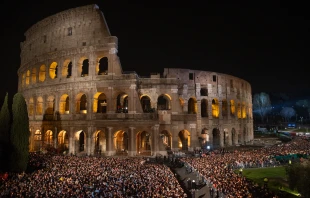 Tens of thousands gather outside of the Colosseum in Rome for the Via Crucis, the Way of the Cross, on Good Friday, March 29, 2024. Credit: Daniel Ibañez/CNA