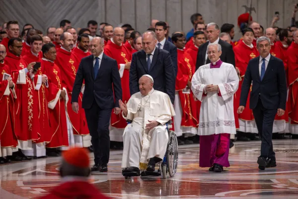 Pope Francis greets attendees on the solemnity of Pentecost, May 19, 2024. Credit: Daniel Ibanez/CNA