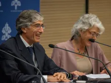 Massimo Bianchi and Cristiane Murray address attendees at a June 11, 2024, Vatican press conference regarding the upcoming Vatican Observatory conference to take place June 17–24, 2024.