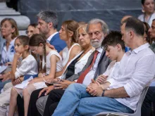 Roberto Corbella (center, with tie) and other family and friends of Chiara Corbella Petrillo attend the closing of the diocesan phase of the investigation into her life and virtues in Rome on Friday, June 21, 2024