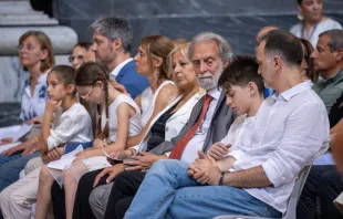 Roberto Corbella (center, with tie) and other family and friends of Chiara Corbella Petrillo attend the closing of the diocesan phase of the investigation into her life and virtues in Rome on Friday, June 21, 2024 Credit: Daniel Ibañez/CNA