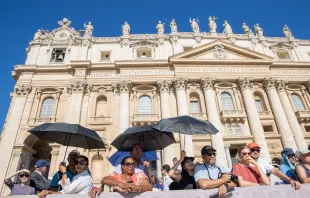 Pilgrims shield themselves from the sun at Pope Francis' general audience in St. Peter's Square at the Vatican, Wednesday, June 26, 2024. Credit: Daniel Ibanez/CNA