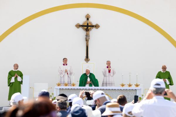 Pope Francis celebrates Mass during a half-day visit to Trieste for the closing of the 50th Social Week of Catholics, an annual event organized by the Catholic Church in Italy, dedicated to promoting Catholic social doctrine. Credit: Daniel Ibanez/CNA