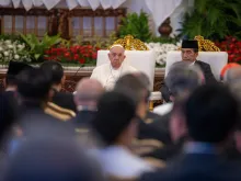 Pope Francis speaks at the Istana Negara Presidential Palace Hall in Jakarta, Indonesia, on Wednesday, Sept. 4, 2024.