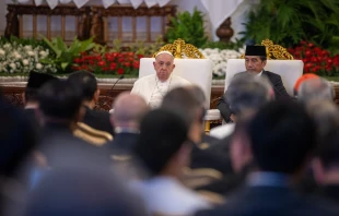 Pope Francis speaks at the Istana Negara Presidential Palace Hall in Jakarta, Indonesia, on Wednesday, Sept. 4, 2024. Credit: Daniel Ibáñez/CNA