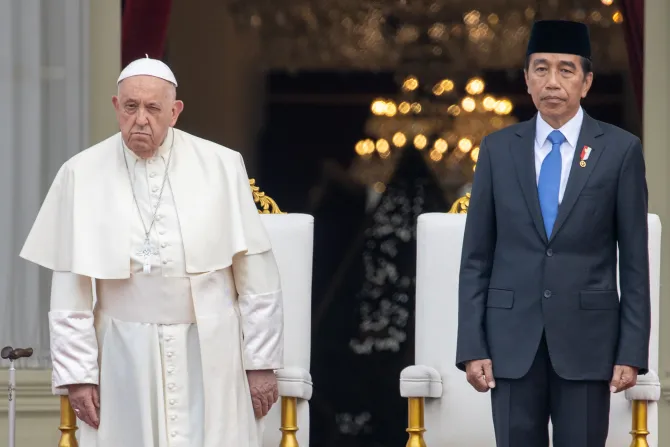 Pope Francis and Indonesian President Joko Widodo at the welcome ceremony n Jakarta, Indonesia, Sep. 4, 2024