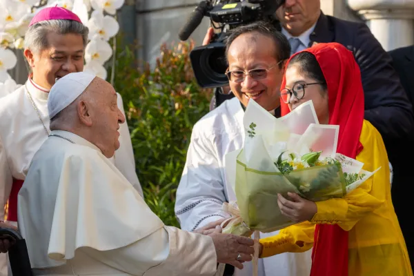 Pope Francis is greeted at the Cathedral of Our Lady of the Assumption in Jakarta on Wednesday, Sept. 4, 2024. Credit: Daniel Ibáñez/CNA