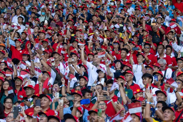 Attendees celebrate the Papal Mass at Gelora Bung Karno Stadium in Jakarta on Thursday, Sept. 5, 2024. Credit: Daniel Ibáñez/CNA