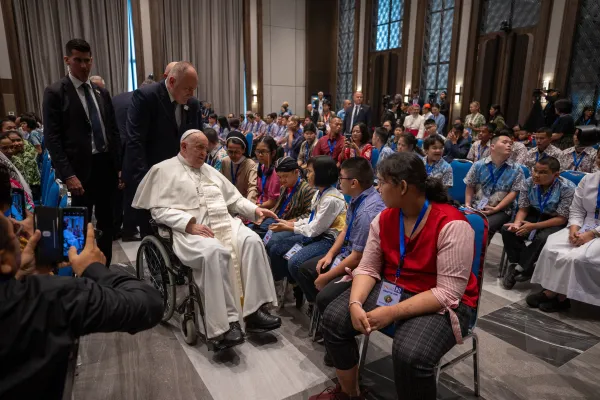 Pope Francis greets visitors at the Indonesian Bishops’ Conference headquarters in Jakarta on Thursday, Sept. 5, 2024. Credit: Daniel Ibáñez/CNA