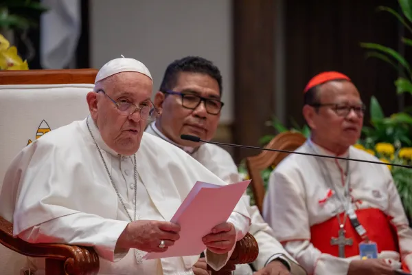 Pope Francis speaks at the Indonesian Bishops’ Conference headquarters in Jakarta on Thursday, Sept. 5, 2024. Credit: Daniel Ibáñez/CNA