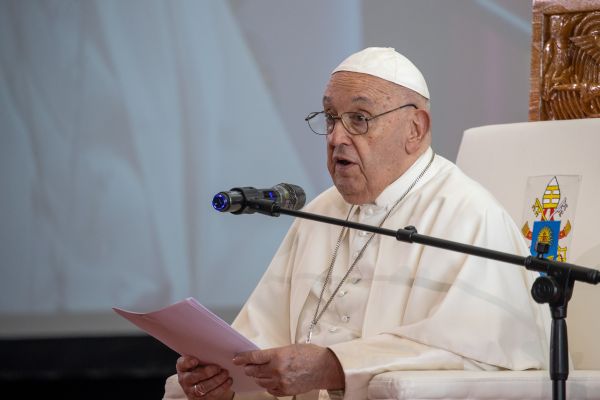 Pope Francis speaks to civic leaders, authorities, and diplomats at the APEC Haus in Port Moresby, Papua New Guinea, on Sept. 7, 2024. Credit: Daniel Ibáñez/CNA