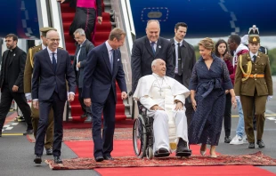 Pope Francis arrives at Luxembourg Airport on Thursday, Sept. 26, 2024, the first stop in a four-day tour of Luxembourg and Belgium, two historically Christian countries in Europe, both of which are experiencing steep declines in religious adherence amid the spread of secularization. Credit: Daniel Ibañez/CNA