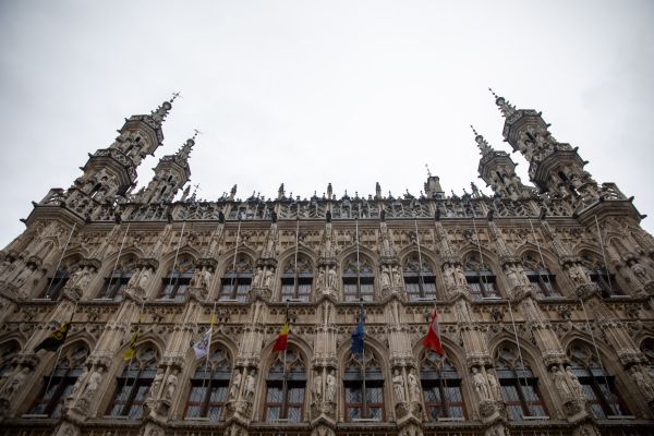 The Leuven town hall towers beneath a cloudy sky as Pope Francis meets with academics at KU Leuven on Friday, Sept. 27, 2024. Credit: Daniel Ibáñez/CNA