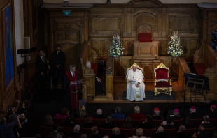 Pope Francis meets with academics at KU Leuven, a Belgian Catholic research university, on Friday, Sept. 27, 2024. Credit: Daniel Ibáñez/CNA