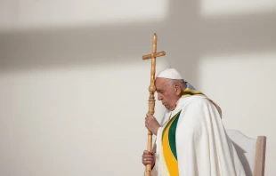 Pope Francis prays during Mass at King Baudouin Stadium in Brussels, Belgium, Sunday, Sept. 29, 2024 Credit: Daniel Ibáñez/CNA