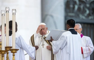 Pope Francis makes the sign of the cross as he opens the second assembly of the Synod on Synodality with a Mass on Oct. 2, 2024, in St. Peter’s Square. Credit: Daniel Ibañez/CNA