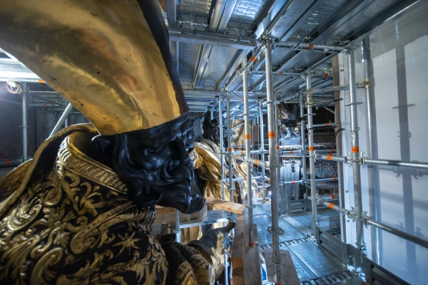 A statue of St. Ambrose sits under restoration at St. Peter's Basilica, Tuesday, Oct. 8, 2024. Credit: Daniel Ibáñez/CNA