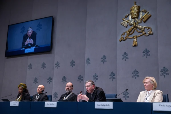 Fraternal delegates — non-Catholic representatives of Christian churches participating in this year’s session of the Synod on Synodality — take questions from the media at the Synod on Synodality press briefing held at the Vatican’s Holy See Press Office on Oct. 10, 2024. Credit: Daniel Ibañez/CNA