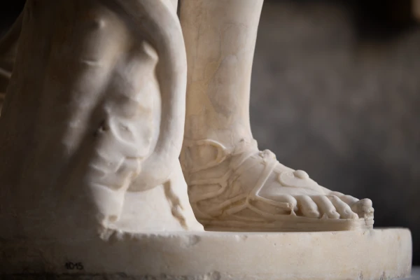 Details of the Apollo Belvedere's feet are seen at the Pio-Clementine Museum on Tuesday, Oct. 15, 2024. Credit: Julia Cassell/EWTN News