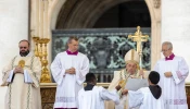 Pope Francis speaks at a Mass and canonization of 14 new saints in St. Peter's Square on Sunday, Oct. 20, 2024