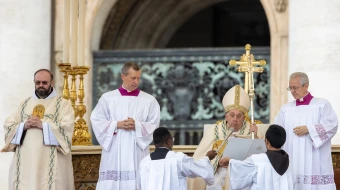 Pope Francis speaks at a Mass and canonization of 14 new saints in St. Peter's Square on Sunday, Oct. 20, 2024